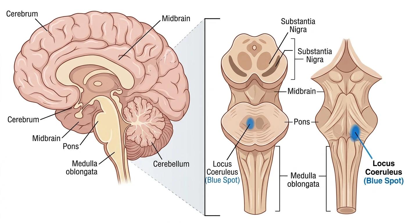 Anatomically labeled human brain: side view showing the cerebrum, cerebellum, midbrain, pons and medulla oblongata, plus a detailed brain-stem view marking the substantia nigra and locus coeruleus